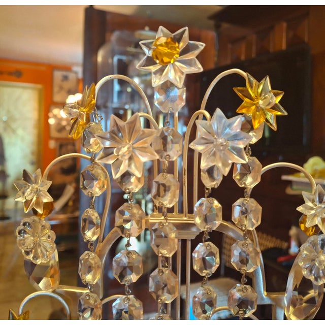 Traditional 1940's French Regency Silvered Lyre Back Amber & Clear Crystal Electric Mantle/ Table Lamp Girandoles a - Pair For Sale - Image 3 of 12