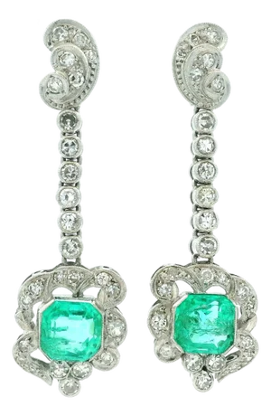 Vintage Platinum Emerald & Diamond Drop Earrings, 4 Carat Emeralds, A Pair