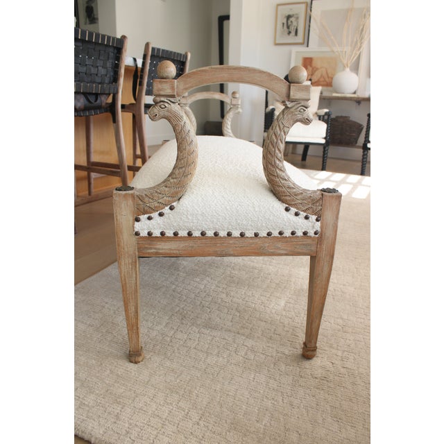 Exceptional washed out Rococo style bench, The most notable features are the carved serpents/dragon motif under the arm...