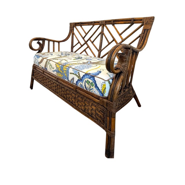 Ivory Vintage Chippendale-Style Bamboo Rattan Settee For Sale - Image 8 of 11
