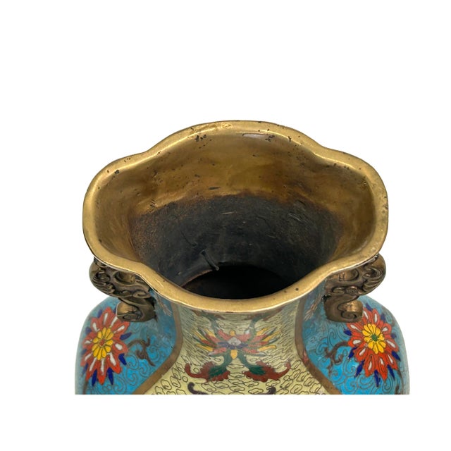 Vintage Cloisonné Vase Dragon Handles and Chinese Floral Motifs For Sale - Image 11 of 13