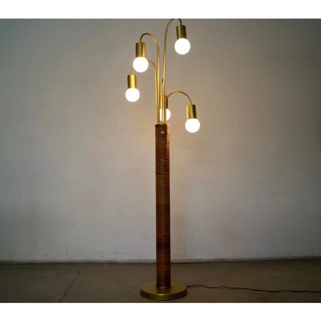Wood 1970’s Mid-Century Modern Rattan & Gold Waterfall Floor Lamp For Sale - Image 7 of 12