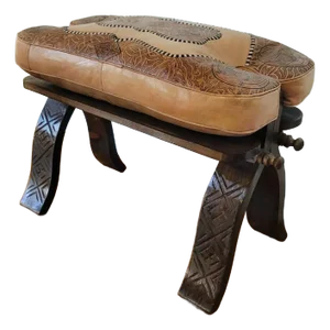 Handcrafted Moroccan Camel Saddle, Genuine Leather Cushion Stool in Beige and Tan
