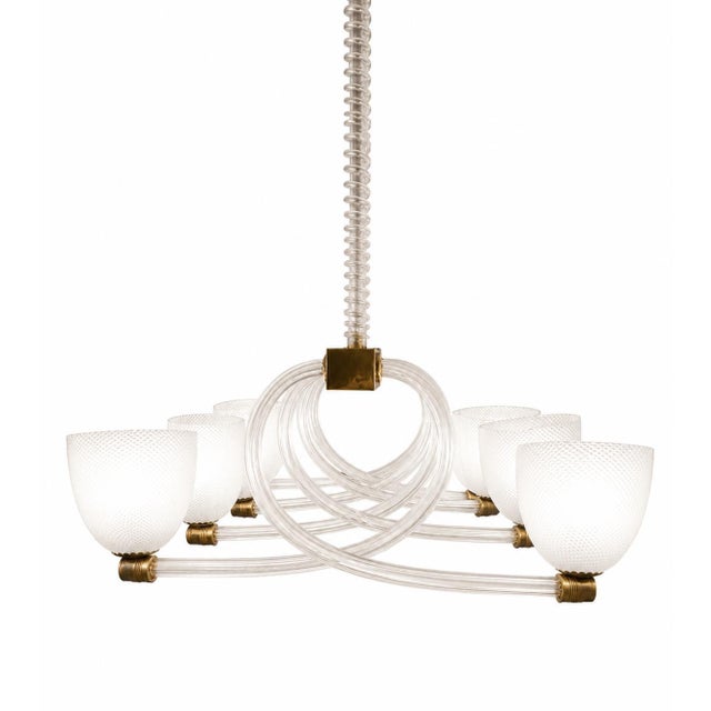 Metal Mid-Century Art Deco Italian Murano Glass Reticello Chandelier, 1930 For Sale - Image 7 of 12