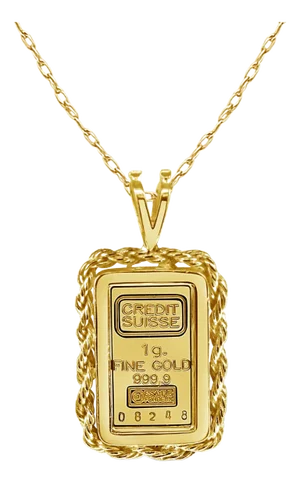 1 Gram Credit Suisse Gold Bar with Rope & Polished Frame Necklace