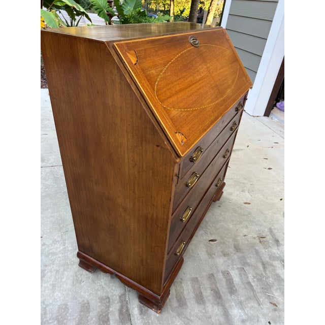 Late 19th Century Mahogany Slant-Front Bureau Desk With Marquetry Inlay and Brass Hardware For Sale - Image 9 of 12