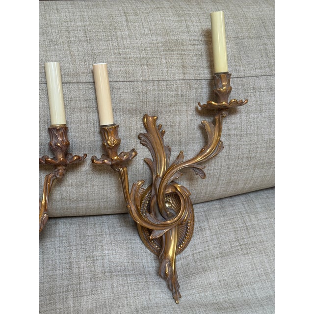 Gold Late 20th Century Louis XV Rococo Style Gilt Bronze Wall Sconces, Pair For Sale - Image 8 of 11
