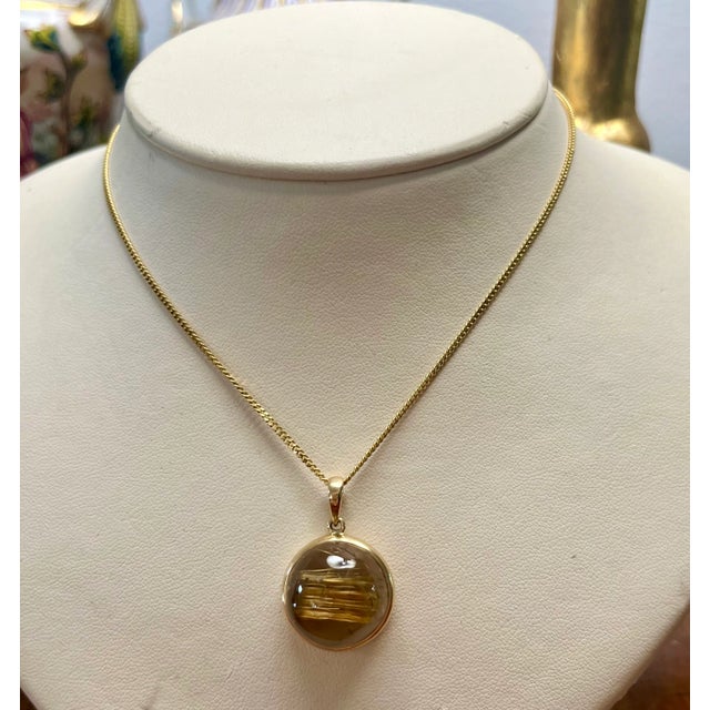 Contemporary Large Cabochon Rutilated Quartz Gold. Pendant on 18 K Chain For Sale - Image 3 of 6