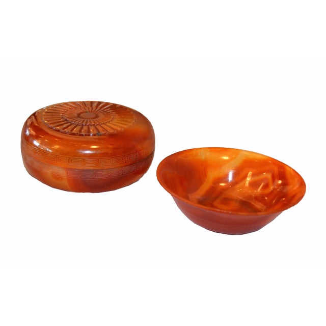 Amber Vintage Carved Stone Agate Box & Bowl in Amber Color - Set For Sale - Image 8 of 10