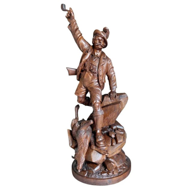 Large Antique Hand-Carved Wooden Sculpture Tyrolean Hunter with Game, 1900 For Sale - Image 3 of 18
