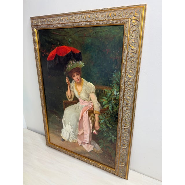 19th Century Oil Portrait of an Elegant Victorian Lady With Red Parasol, Signed by William Oliver (1823–1901) Gilt Framed For Sale - Image 12 of 18