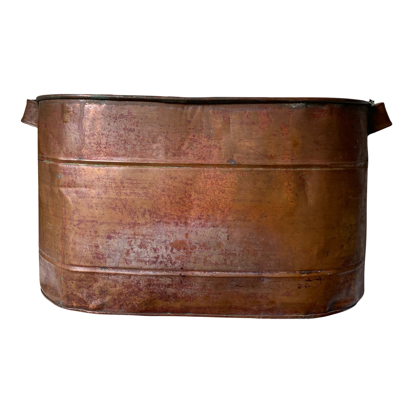 Early 20th Century Large Copper Boiler Wash Tub With Handles Verdigris