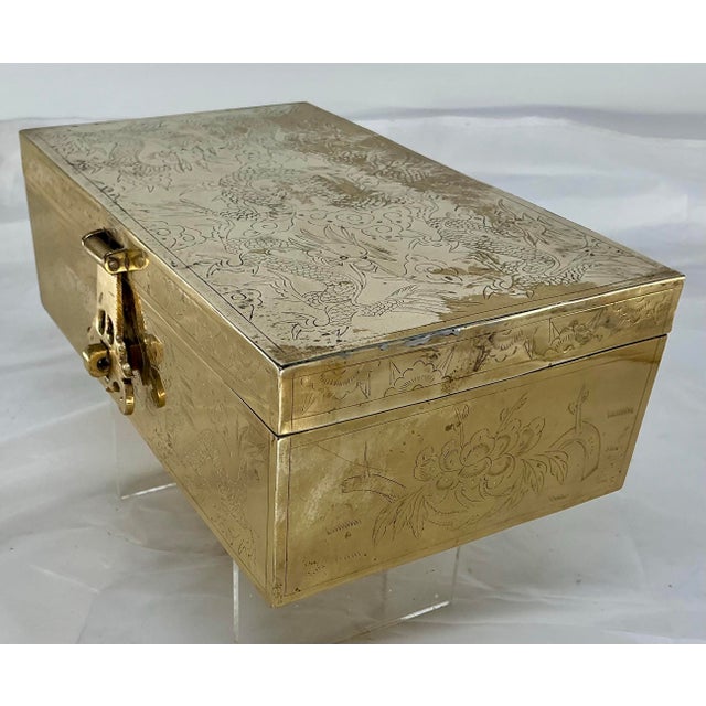 Chinese Antique Chinese Brass Dragon Engraved Jewelry or Document Box For Sale - Image 3 of 12