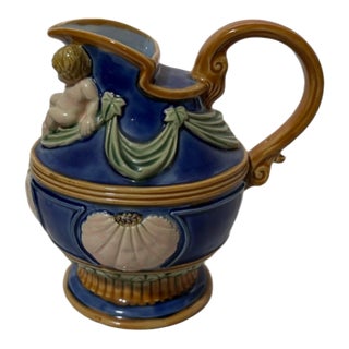 Vintage Cobalt Nouveau Majolica Art Pottery Putti & Seashell Coastal Pitcher For Sale