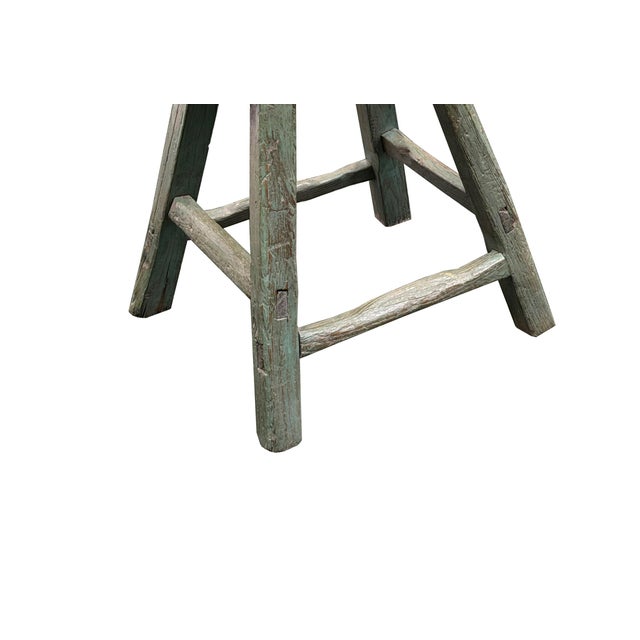 Wood Rustic Bold Distressed Light Sage Green 4 Legs Wood Stool Side Table Stand For Sale - Image 7 of 15