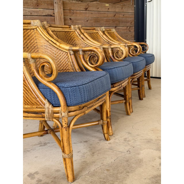 Set of Four Vintage Rustic Rattan Dining Armchairs by Henry Link With Original Cushions For Sale - Image 12 of 12