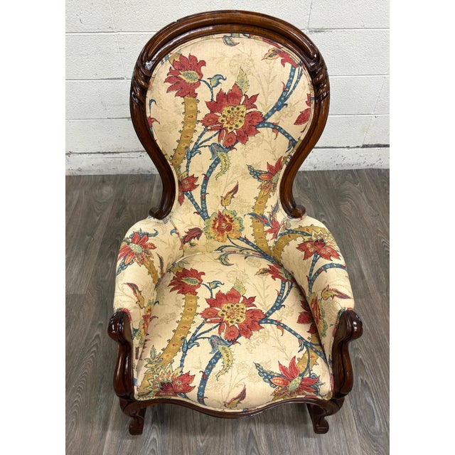 Antique Victorian Style Walnut Balloon Back Floral Upholstered Rocking Chair For Sale - Image 4 of 10