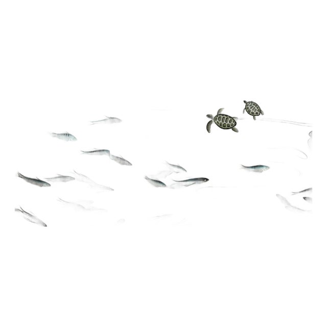 Silver Leaf Chinoiserie Hand-Painted Underwater Ocean Mural (Set of 4) For Sale