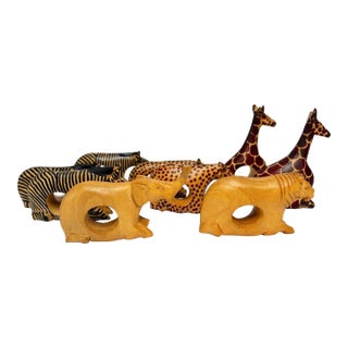 Set of 9 Kenyan Hand-Carved Safari Animal Napkin Rings, African Mahogany For Sale