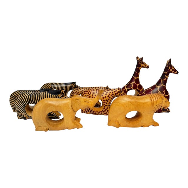 Set of 9 Kenyan Hand-Carved Safari Animal Napkin Rings, African Mahogany For Sale