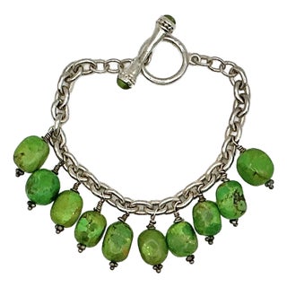 1980s Vintage Southwestern Navajo Americana Carico Lake Sterling & Green Turquoise Beaded Bracelet - 7" For Sale