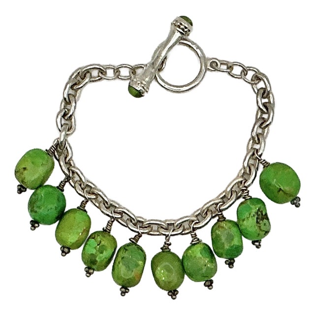 1980s Vintage Southwestern Navajo Americana Carico Lake Sterling & Green Turquoise Beaded Bracelet - 7" For Sale
