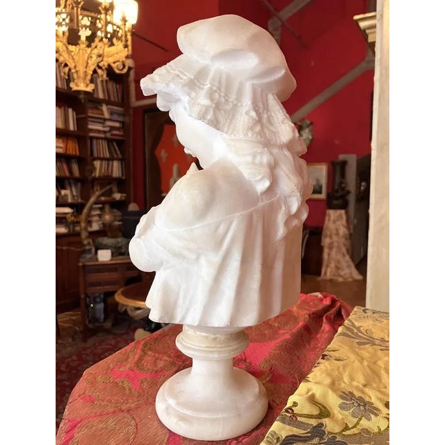 Italian Artist, Hand Carved Bust Sculpture of a Young Girl Holding a Dove, 19th Century, Alabaster For Sale - Image 10 of 12