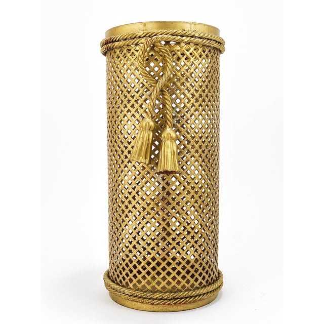 Hollywood Regency Hollywood Regency Gilt Metal Rope and Tassel Umbrella Stand, 1950 For Sale - Image 3 of 18