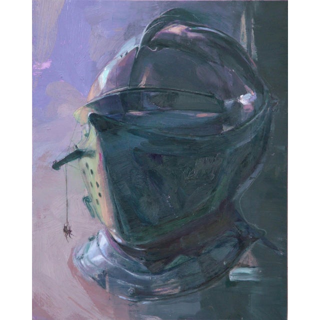Forever Companion by Elena Burykina | Oil on panel Painting of a knight's helmet with a spider. For Sale