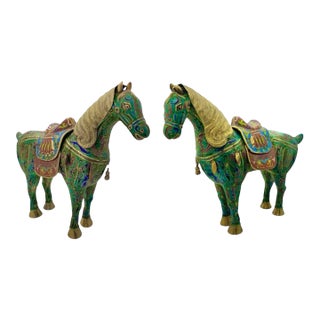 Late 20th Century Horse Statue Pair Tang Cloisonné Chinese Enamel Figurine Vintage Oriental Decor For Sale