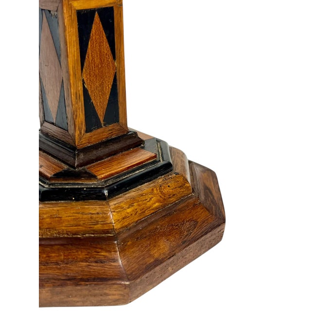 Antique Italian Marquetry Inlaid Wood Candlesticks – Pair With Octagonal Bases For Sale - Image 10 of 18