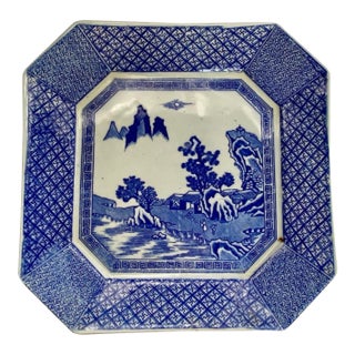 Early 20th Century Late Qing Chinese Blue & White Octagonal Landscape Serving Plate For Sale