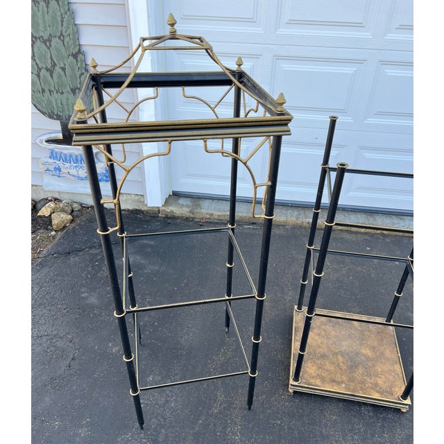 Pair of Hollywood Regency Black & Brass Pagoda Étagères by Art & Commerce Dallas a Pair For Sale - Image 4 of 12