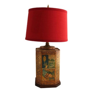 Mid Century Chinoiserie Tin Tea Canister Table Lamp - Lovely Artwork! For Sale