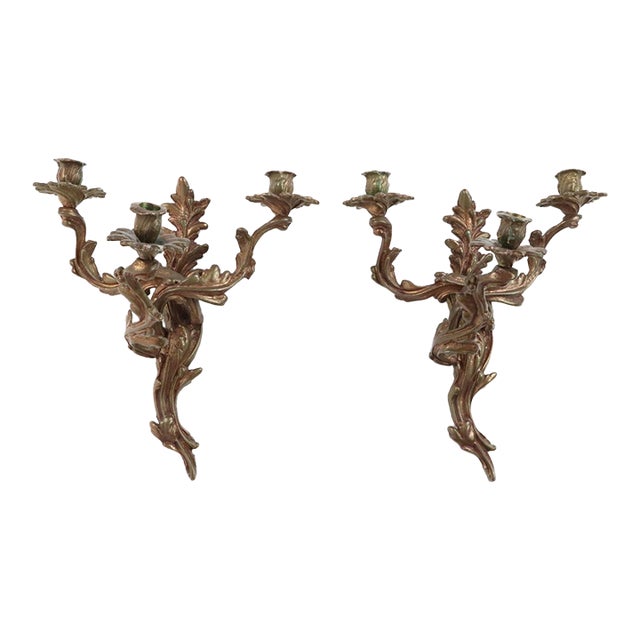 Pair of Antique Louis XV Foliate Bronze Candle Wall Sconces For Sale