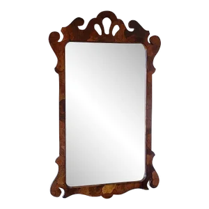 Mid-Century Large Queen Anne Chippendale Style Patchwork Burled Wood Beveled Wall Mirror