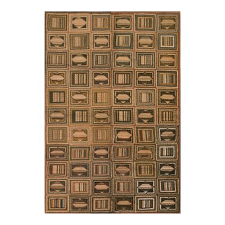 1930s Multibrown Checks Folk Art Vintage American Hooked Rug 6' X 8' 9" Handknotted Wool Carpet For Sale