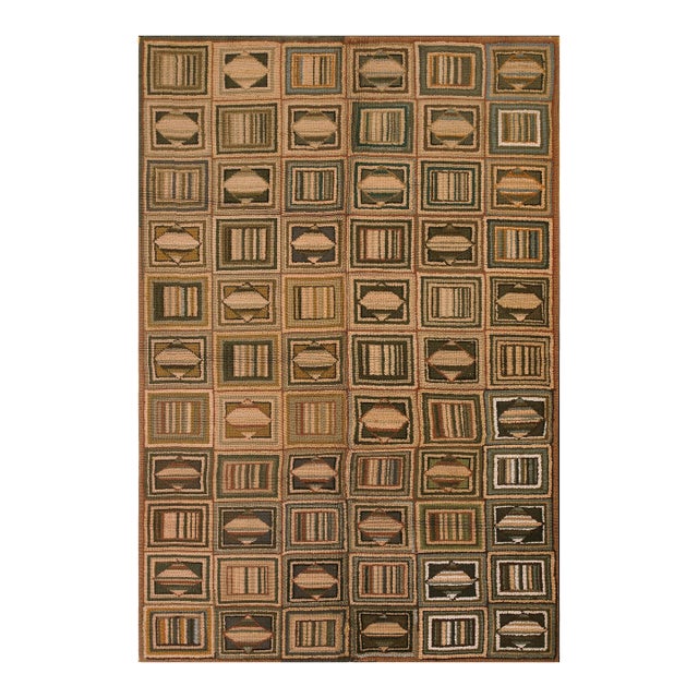 1930s Multibrown Checks Folk Art Vintage American Hooked Rug 6' X 8' 9" Handknotted Wool Carpet For Sale