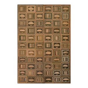 1930s Multibrown Checks Folk Art Vintage American Hooked Rug 6' X 8' 9" Handknotted Wool Carpet
