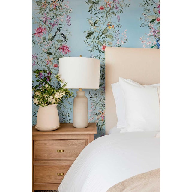 Chinoiserie Mahjong Floral Stripe Grasscloth Wallpaper by House Party | Bam Blue | 6 Yards For Sale - Image 3 of 7