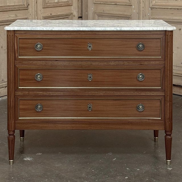 Antique French Louis XVI Mahogany Commode With Carrara Marble For Sale - Image 4 of 17
