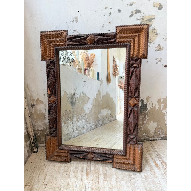Brown Folk Art Tramp Mirror, France, 1900s For Sale - Image 8 of 18