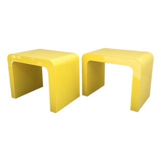 Postmodern Yellow Gloss Laminate Waterfall Side Tables - A Pair For Sale