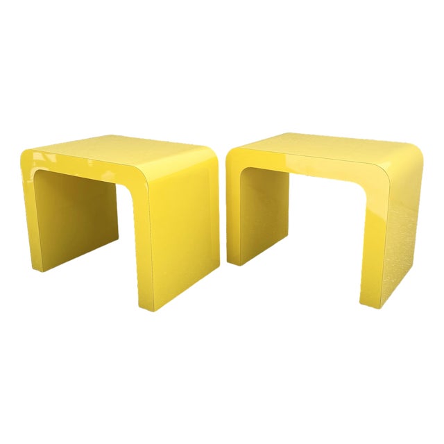 Postmodern Yellow Gloss Laminate Waterfall Side Tables - A Pair For Sale