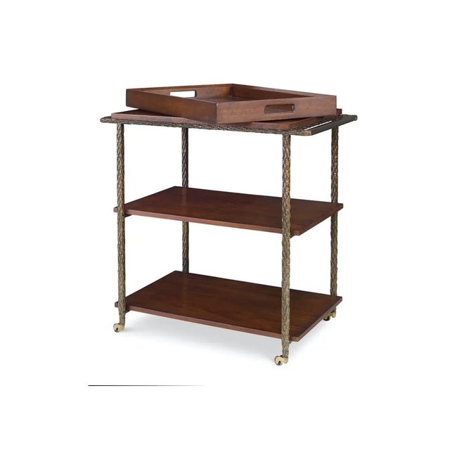 Cleve Bar Cart with Antiqued Bronze Finished Metal Base and Rustic Walnut Top and Shelves. Removable Tray.