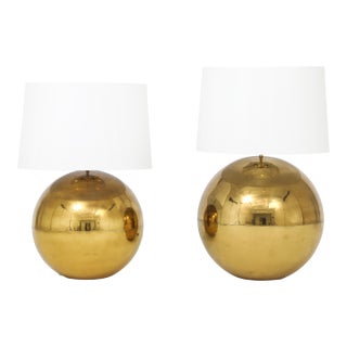Karl Springer Orb Brass Large and Small Table Lamps For Sale