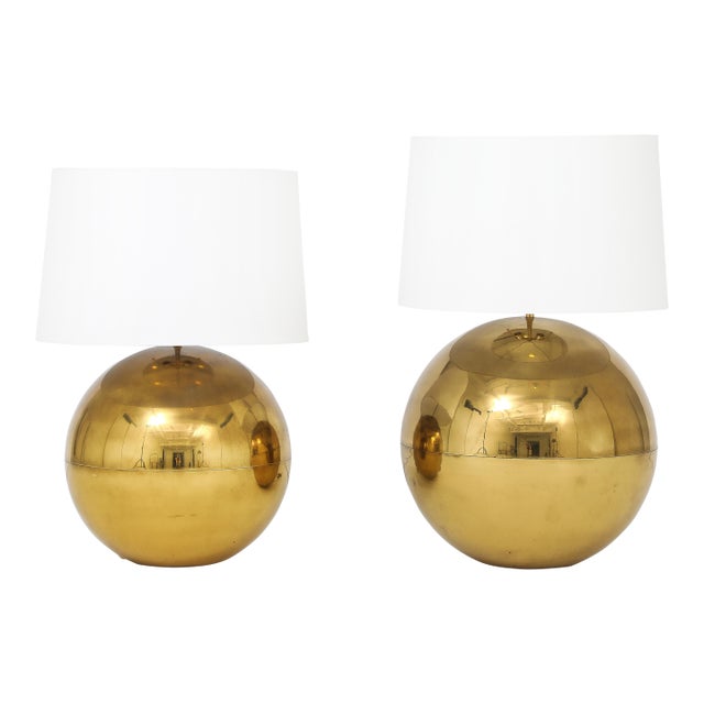 Karl Springer Orb Brass Large and Small Table Lamps For Sale