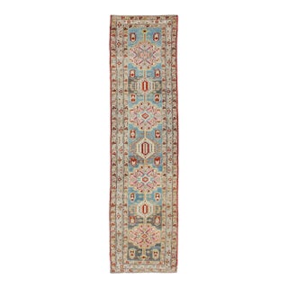 Antique Persian Sarab Runner Featuring Geometric Medallions on a Soft Blue Field 3'3 X 13'4 For Sale