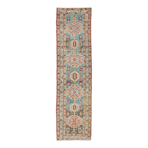 Antique Persian Sarab Runner Featuring Geometric Medallions on a Soft Blue Field 3'3 X 13'4