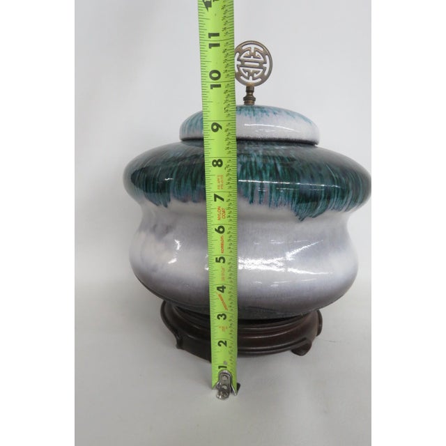 Tony Evans Raku Pottery Lidded Jar Drip Glaze Finish With Wood Display 4840b For Sale - Image 10 of 18